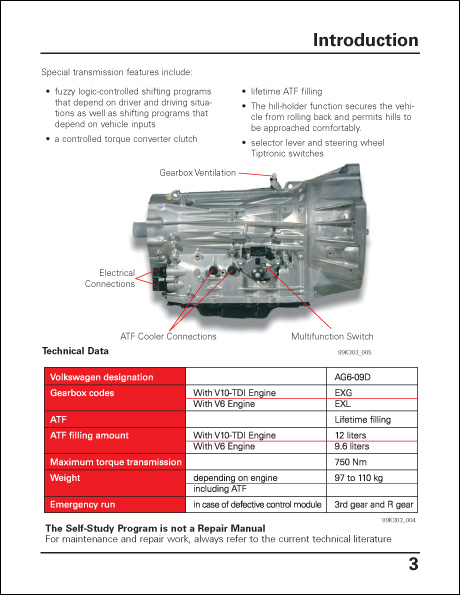 Volkswagen Six-Speed Automatic Transmission 09D Technical Service Training Self-Study Program Transmission Technical Data