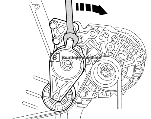 Tensioner being rotated to remove ribbed belt.