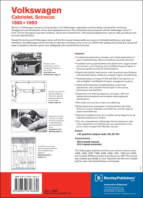 Volkswagen Cabriolet, Scirocco Service Manual: 1985-1993